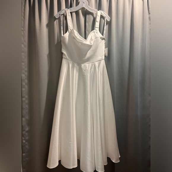 David's Bridal Dresses & Skirts - Brand New/ Never Worn Satin Cowl Neck Tea Length White Dress w/ Pockets